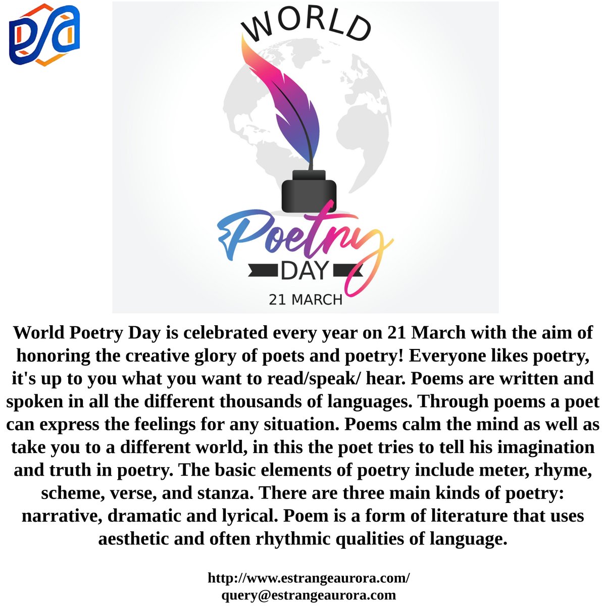 World Poetry Day from Estrange Aurora.
#worldpoetryday #poetry #prosepoetry #poetrydaily #instapoetrygram #poetrynight #poetryaccount #poetryoninstagram #originalpoetry #romanticpoetry #packpoetry #poetryofinsta #seasonspoetry #globalagepoetry #communityofpoetry #EstrangeAurora