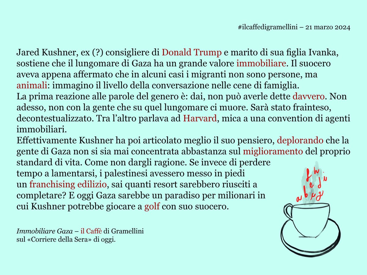 MaxGramel's tweet photo. «Immobiliare Gaza»: #ilcaffedigramellini sul @corriere di #giovedì #21marzo.
https://t.co/veSxC7j7fe https://t.co/713wEdoJvl