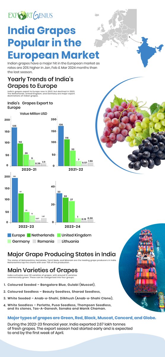 Indian grapes have become popular in the European market as the price has increased as compared to the last season. See the infographic to understand the Indian grapes market in Europe. #grapes #export #europeanmarkets #europeancountries #exportsurplus #PriceIncrease