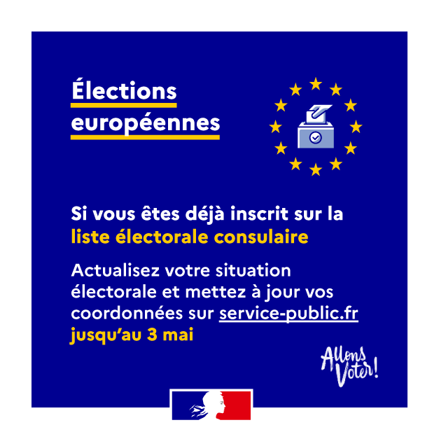 FR_Consulaire's tweet photo. #ElectionsEuropéennes | 🗳 Vous avez jusqu'au vendredi 3️⃣ mai pour actualiser vos coordonnées sur le portail https://t.co/QhuwcYx9yl. 
#AllonsVoter

En savoir plus : https://t.co/S5M3rU0zJp https://t.co/NYB6yadlpC