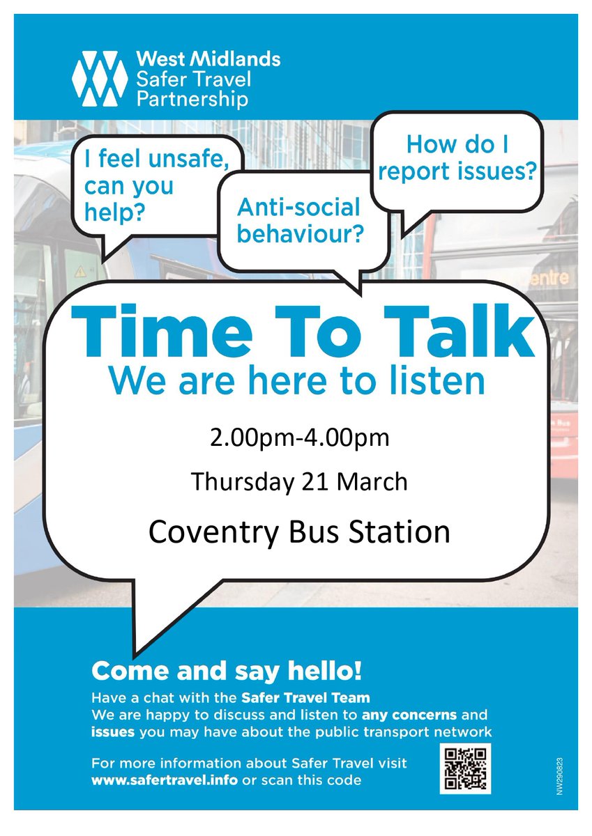 We're taking #timetotalk today at Pool Meadow station. Could along, find out more about Safer Travel and our campaigns as well as share any concerns you have when using public transport. Take our survey and enter the draw to win a £50 voucher. @coventrypolice @coventrylive