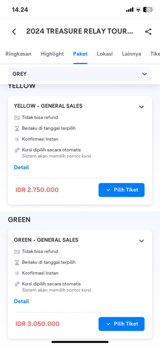 gais yang wtb wts wtt cari tiket treasure aku masih avail green, yellow, sama blue ya. bisa dm aja kirim data langsung