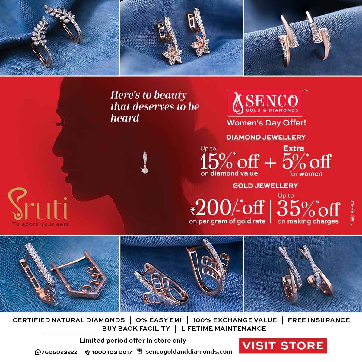 Elevate your style with stunning Diamond & Gold Jewellery at unbeatable prices! Limited time offer extended till March 25th. Shop now and shine brighter! Visit our stores today. #SencoOffers #Sruti #EmpoweredWomen #gold #diamonds #equality #SencoGoldAndDiamonds