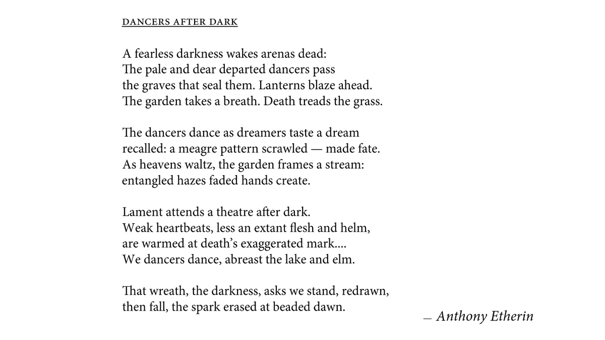 Anthony_Etherin's tweet image. DANCERS AFTER DARK — A Shakespearean sonnet using only two vowels (a&amp;amp;e), which follow the pattern a-e-a-e-a-e... throughout the poem: