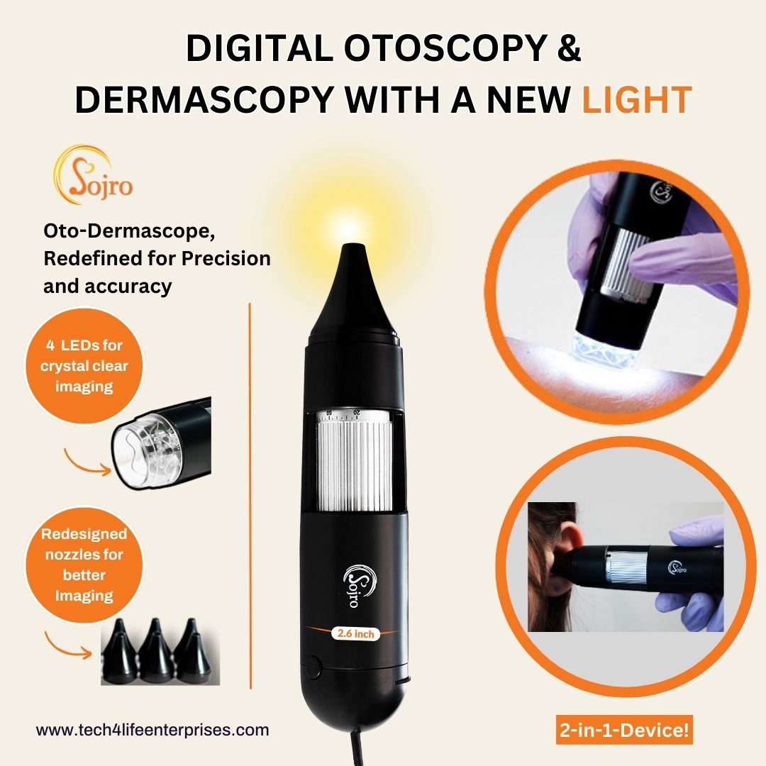 Tech4Life1's tweet image. Introducing Sojro Oto-Dermascope, a groundbreaking medical device that seamlessly integrates two essential functions for health professionals. 

#Telemedicine #digitalhealth #ehealth #Telehealth #Tech4Life #healthcare #dermascope #otoscope #skindoctor