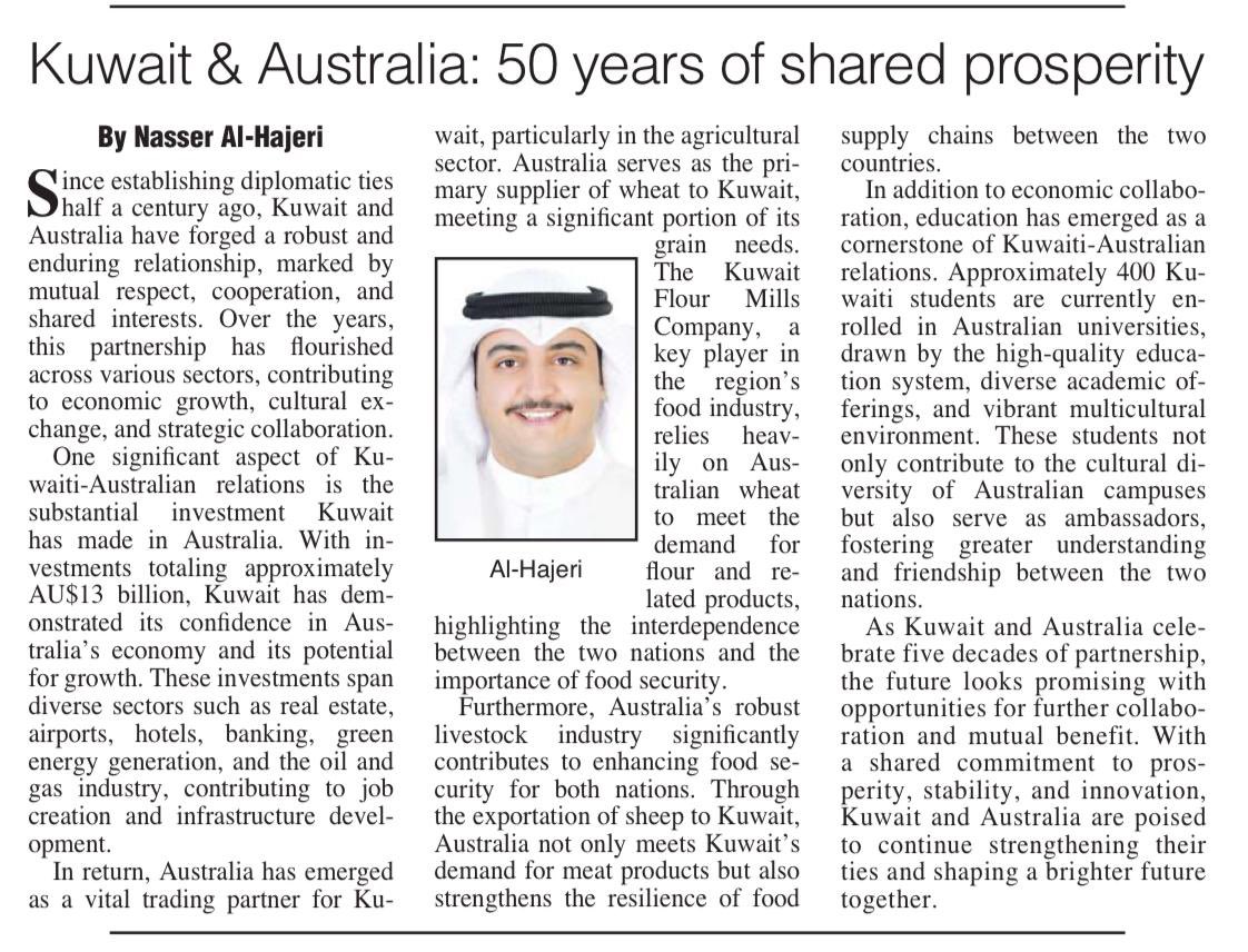 AusAmbKuwait's tweet photo. Thank you @NasserM97, you’ve summed it up beautifully: a robust and enduring relationship, diverse cooperation and a promising future 🇦🇺🇰🇼👏👏👏 https://t.co/n0kqWbFT5T