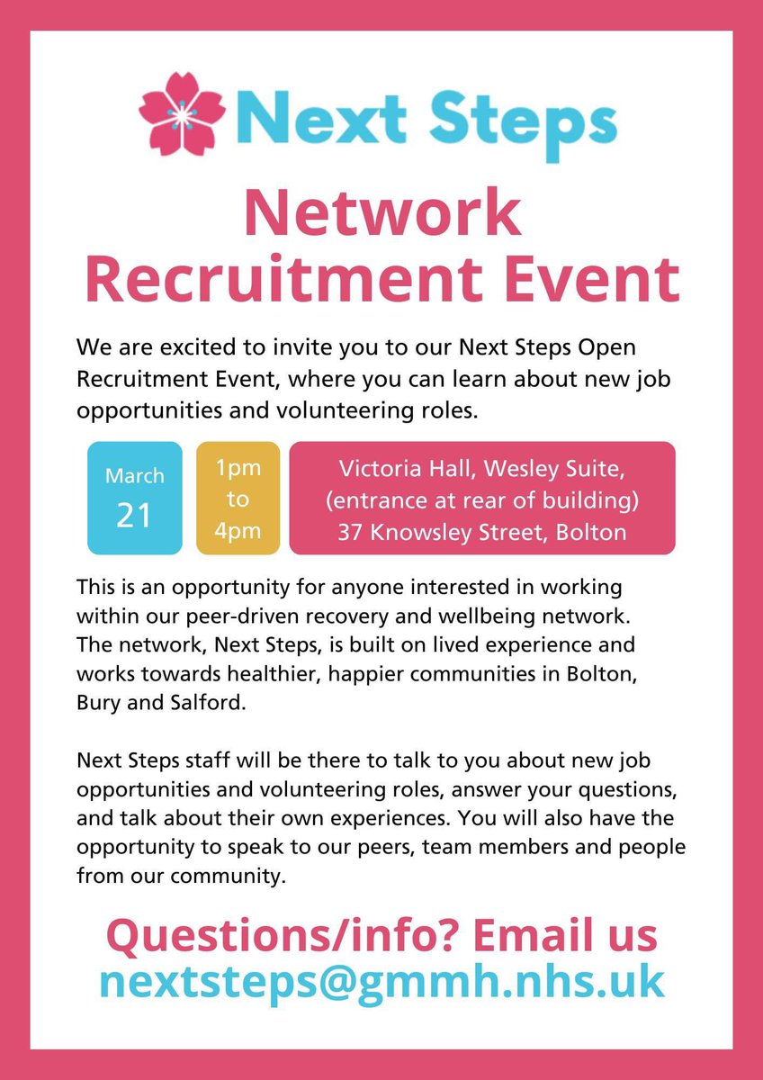 Visit the @nextstepsbolton recruitment event today! Find out about new job opportunities, volunteer roles and talk with the team. Today from 13:00. All details on poster.