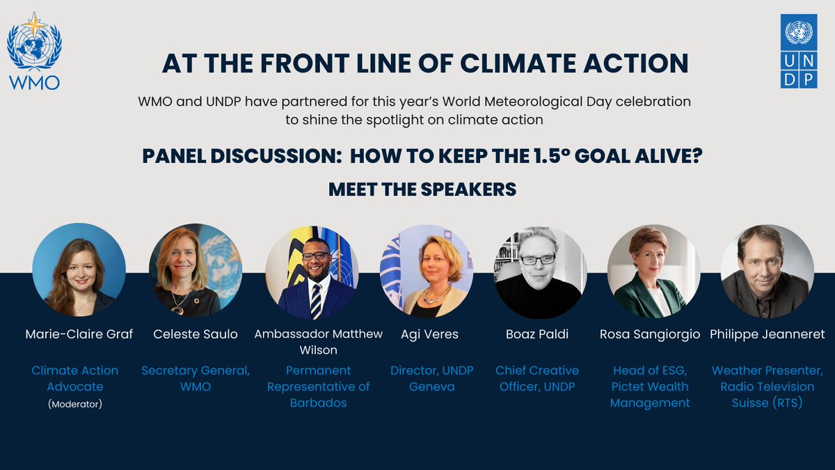WMO's tweet image. Join us today to participate in our #WorldMetDay event, 'At the Frontline of #ClimateAction,' featuring a greatpanel of experts. Together, we can work towards keeping the 1.5° goal alive. #WeCannotWait: register now at bit.ly/4cjhKQr.