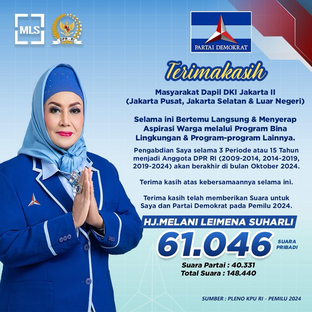 Bunda Hajah <a href="/MelaniLSuharli/">Melani Leimena Suharli</a>  sukses terus Masa depan masih penuh dengan peluang, jangan biarkan satu kegagalan menghalangi perjalanan ini.

Semoga semua yg direalisasikan dalam membantu masyarakat bisa dijadikan penerang kedepannya nanti

#Demokrat