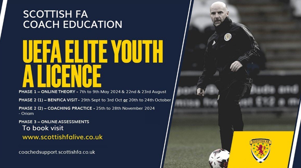 UEFA ELITE YOUTH A LICENCE Available to book now! 🗓️ May - November 2023 🌎 Online, Lisbon visit & Oriam 📜 Must hold valid UEFA Youth B Licence or UEFA A Licence. Book now - login.scottishfalive.co.uk #ScottishFACoachEd