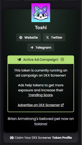 Toshitoken's tweet photo. $TOSHI DEX SCREENER ad compaign is now LIVE!💢

#SolanaMemeCoins #TOSHI https://t.co/VbZ5muyvqD