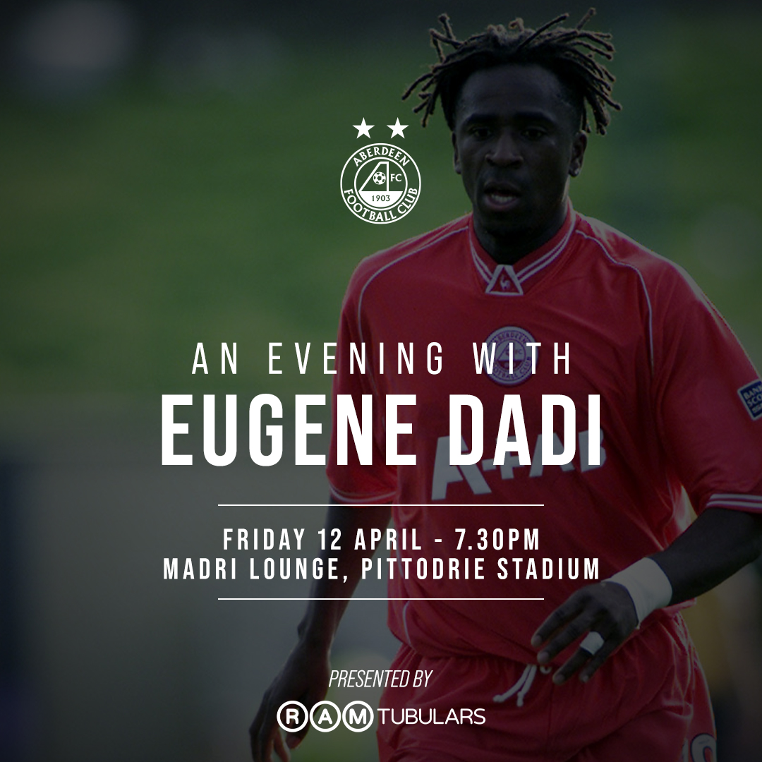 AberdeenFC's tweet photo. Eugene Dadi will return to Pittodrie next month.

Dons fans will have the opportunity to put their questions to a true cult hero ⤵️