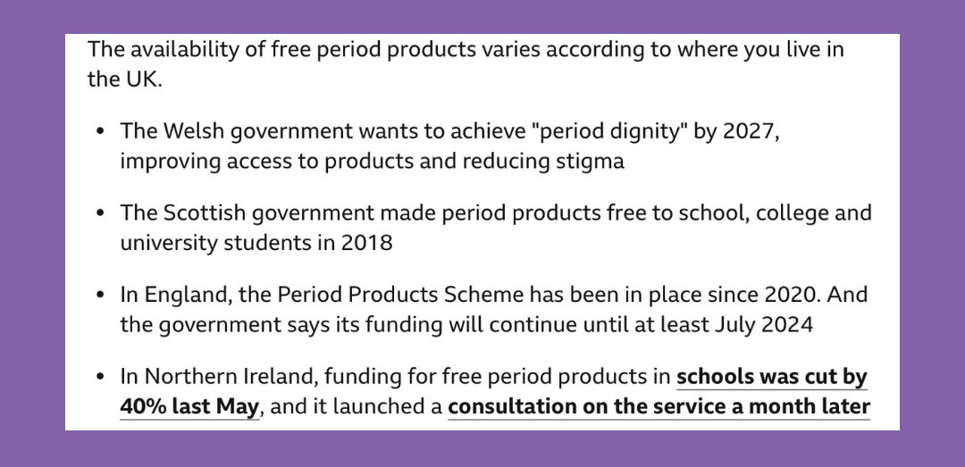 The current UK outlook on the ‘free period products’ schemes. ⬇️ Taken from BBC news bbc.co.uk/news/newsbeat-… In July the @educationgovuk will decide whether the scheme in England will continue. They did not comment when asked by the BBC.