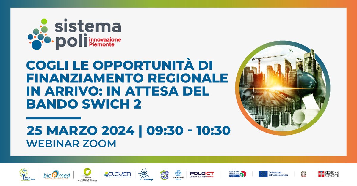 Polo ICT (@poloict) on Twitter photo ๐ก Il webinar รจ rivolto alle imprese operanti nella <a href="/regionepiemonte/">Regione Piemonte</a> interessate ai bandi di Ricerca, Sviluppo e Innovazione della Regione Piemonte 2024-25.
๐๏ธ Lunedรฌ 25 marzo, h 09:30
Webinar ZOOM
๐ us02web.zoom.us/webinar/registโฆ
#PoloICT #SistemaPoli ๐ก Il webinar รจ rivolto alle imprese operanti nella <a href="/regionepiemonte/">Regione Piemonte</a> interessate ai bandi di Ricerca, Sviluppo e Innovazione della Regione Piemonte 2024-25.
๐๏ธ Lunedรฌ 25 marzo, h 09:30
Webinar ZOOM
๐ us02web.zoom.us/webinar/registโฆ
#PoloICT #SistemaPoli
