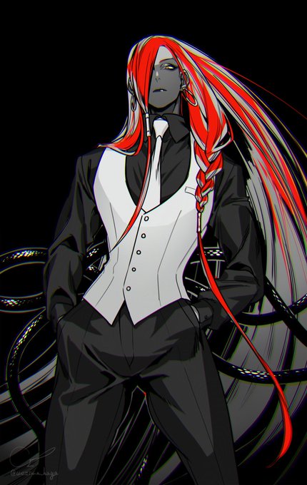 #あなた宅の創作お気に入り看板娘息子キャラを教えて
名前はジャファル。
赤髪褐色ハイヒール蛇男です。
尻尾みたいに蛇が生えてる(実際尻尾)
看板だけど最近描いてないねぇ。 