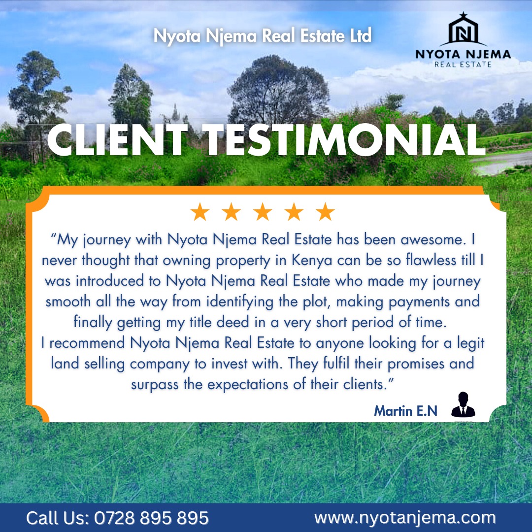 🌟🔑  Another happy landowner moment! 🌟🔑

We are thrilled to share this heartwarming testimonial from our amazing client, Martin, who just received his title deed for his future dream home.

#ThursdayTestimonials #NyotaNjemaRealEstate #HappyOwner