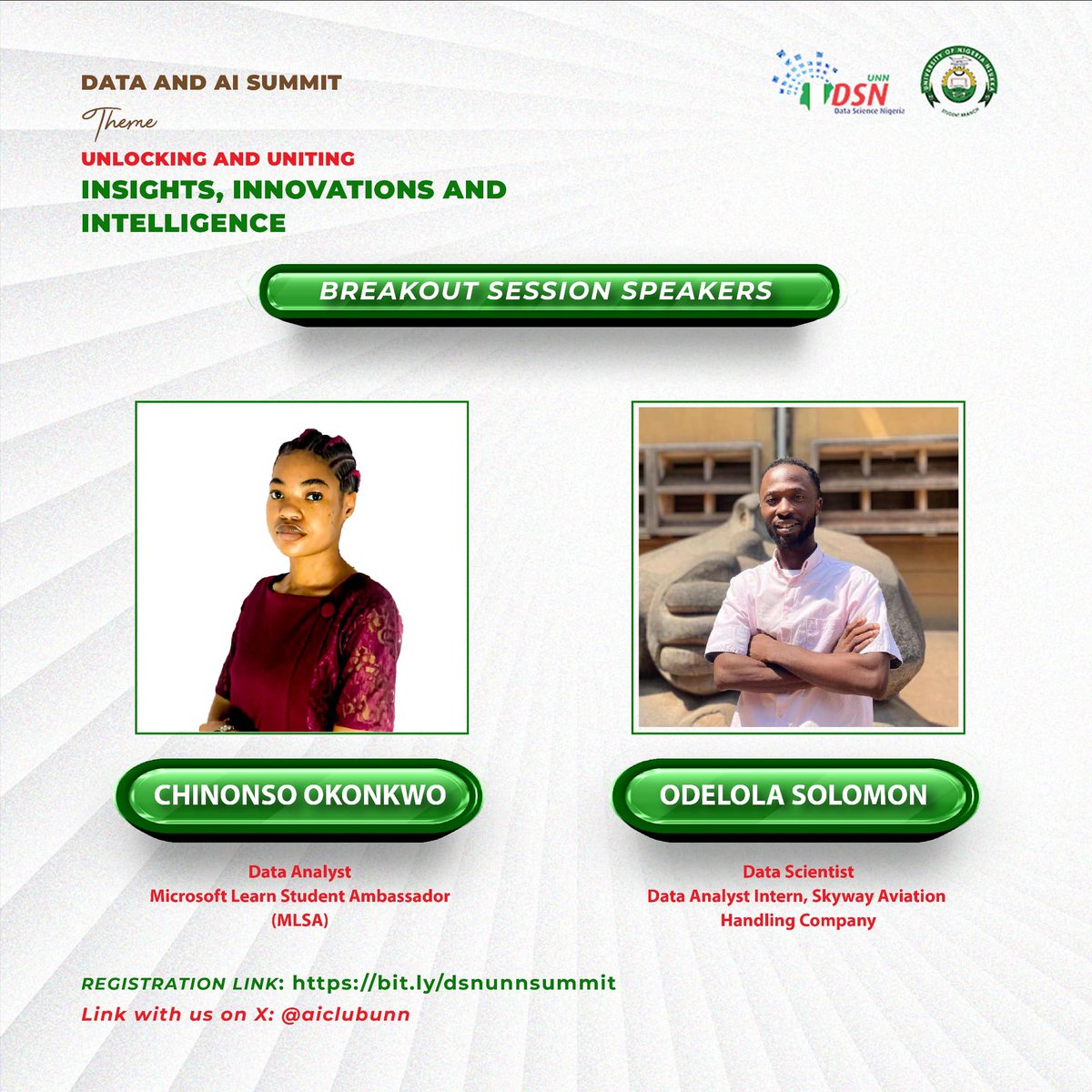 aiclubunn's tweet image. Chinonso Okonkwo will handle the breakout session for Data Analysis 

Odelola Solomon will handle for Data Science.

Men mount 💪 🙌 🔥 

Come with all your questions, you will get answers to all of them!!!!

#dsnunnsummit
#dsnunn
#dataandaisummit