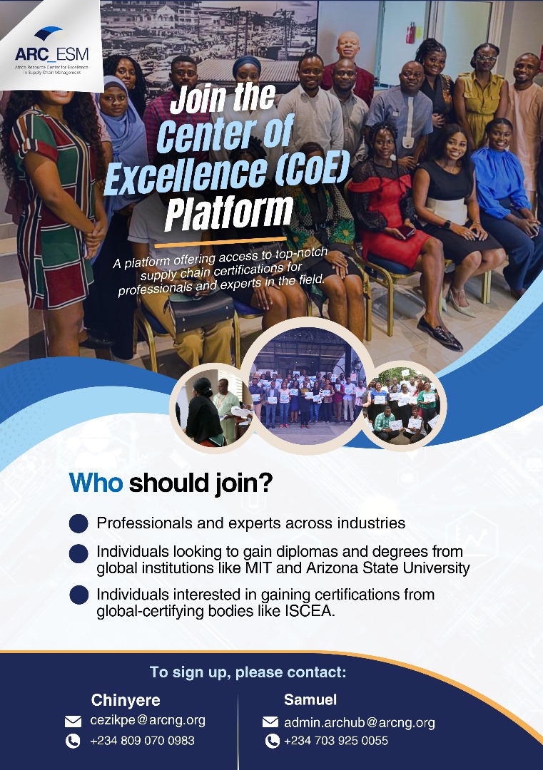 Africa Resource Center for Excellence in SC Mgt (@arc_esm) on Twitter photo Join the <a href="/ARC_ESM/">Africa Resource Center for Excellence in SC Mgt</a> #CoEPlatform to gain access to prestigious certifications from renowned bodies like <a href="/ISCEA/">ISCEA</a>
Take the next step towards professional success, Call Samuel on +2347039250055 or send an email to admin.archub@arcng.org
#SupplyChainCertifications #ISCEA Join the <a href="/ARC_ESM/">Africa Resource Center for Excellence in SC Mgt</a> #CoEPlatform to gain access to prestigious certifications from renowned bodies like <a href="/ISCEA/">ISCEA</a>
Take the next step towards professional success, Call Samuel on +2347039250055 or send an email to admin.archub@arcng.org
#SupplyChainCertifications #ISCEA