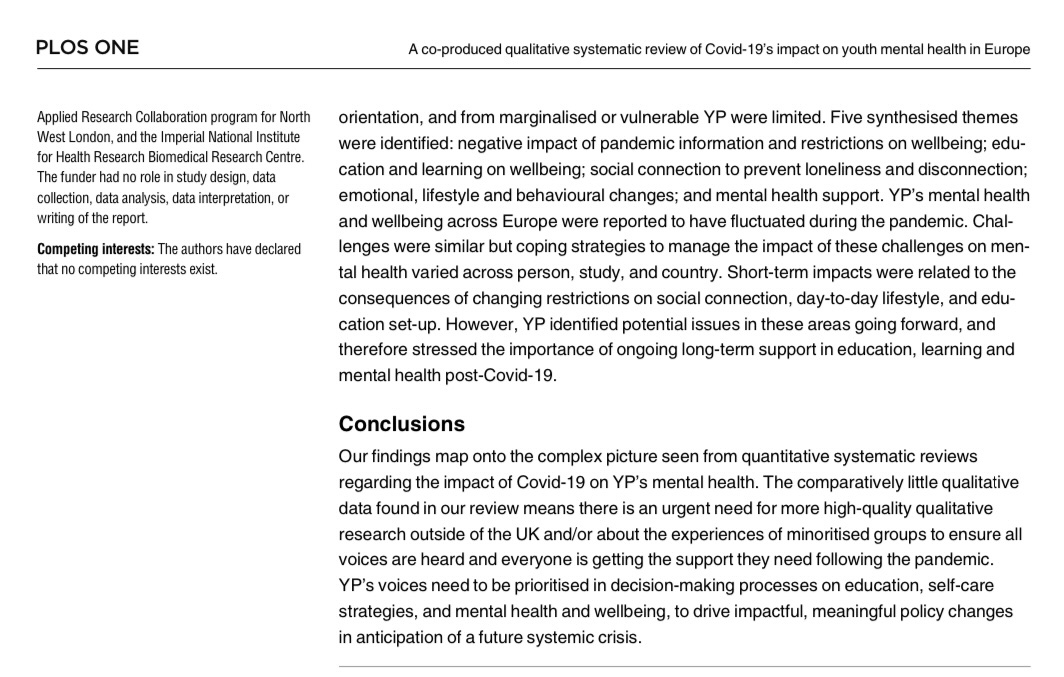 🗣️ Our co-produced systematic review on the impact of #COVID19 on young people’s mental health & wellbeing is finally published ☺️Complex results largely map onto quantitative evidence but lots to unpack! shorturl.at/jyCOZ #coproduction #youngpeople