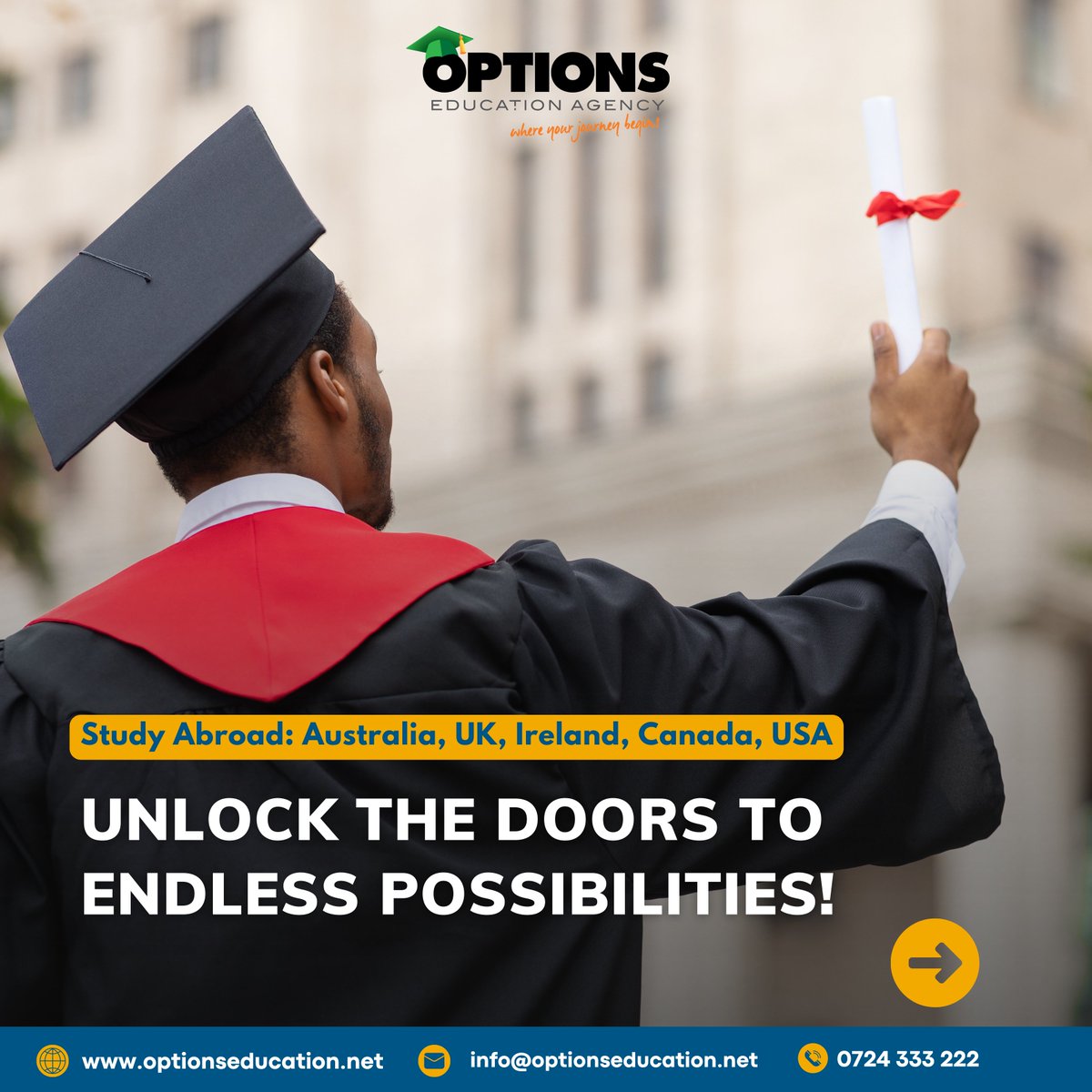 Transform your education experience with Options! Dial 0724 333 222 to learn more and take the first step towards your global future. #studyabroad #studyinaustralia #studyinuk