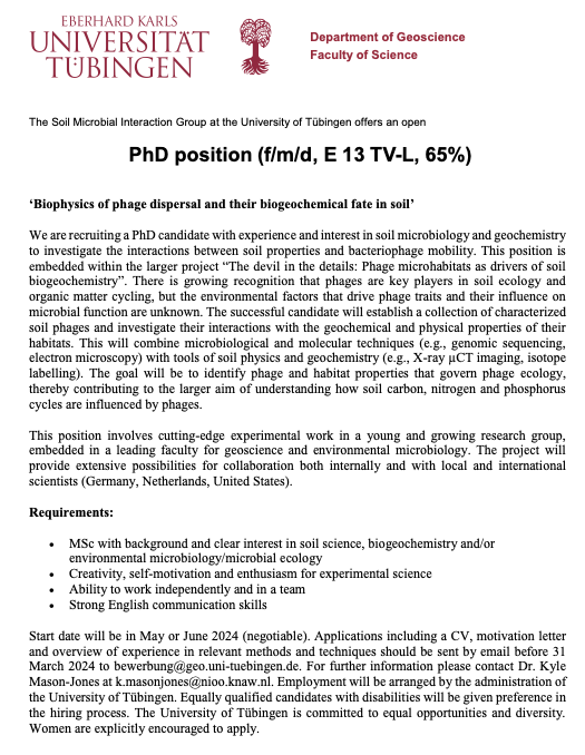 Kyle Mason-Jones (@kylemojo) on Twitter photo Only 10 days left to apply for a #phd position in my group <a href="/uni_tue/">Universität Tübingen</a> - "Biophysics of phage dispersal and their biogeochemical fate in soil". All enthusiastic soil / microbiol / biogeochem folks welcome! Only 10 days left to apply for a #phd position in my group <a href="/uni_tue/">Universität Tübingen</a> - "Biophysics of phage dispersal and their biogeochemical fate in soil". All enthusiastic soil / microbiol / biogeochem folks welcome!