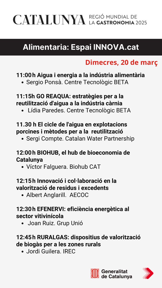 🐟Darrer dia per visitar @AlimentariaBCN! Avui els protagonistes seran els aliments de les comarques de Tarragona, aliments amb @DOP_IGP_cat i els vins catalans.

⚡️També parlarem de l'ús eficient de l’aigua i l’energia a la indústria alimentària. #CRMG25