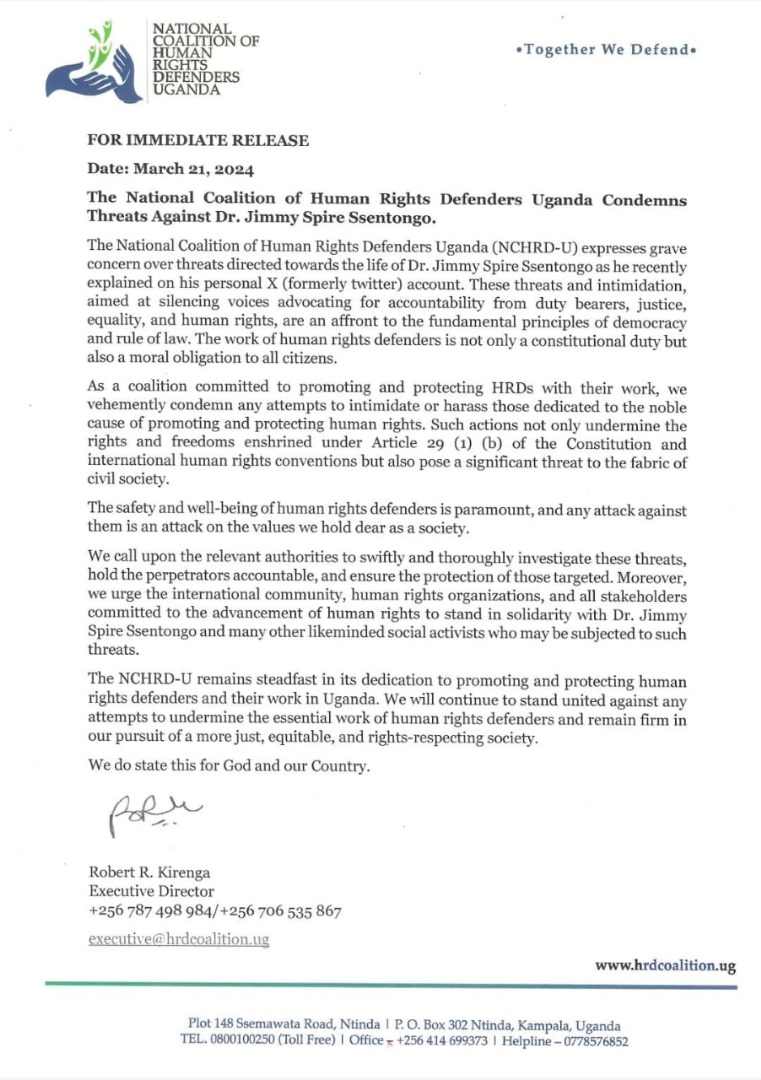 @NCHRD_UG condemns threats against the life of @SpireJim and any other HRD. We call upon the relevant authorities to swiftly and thoroughly investigate these threats, hold the perpetrators accountable, and ensure the protection of those targeted. #TogetherWeDefend