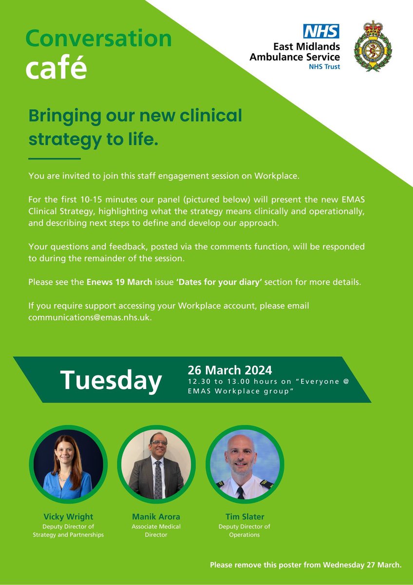 🚨Calling all EMAS colleagues! ⭐️ Come & join a virtual conversation cafe to talk about how we can bring our new clinical strategy to life 👇 ⭐️ Tues 26th March on Workplace Time to turn our words & thoughts into the actions we want to see over the next 5 years! @EMAS_BenH