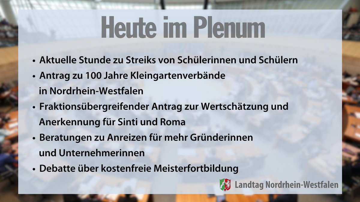 Schülerinnen und Schüler demonstrieren: In einer #AktuelleStunde geht es um ihre Proteste für bessere #Bildung. Weitere Themen sind heute u.a. #Kleingärten, Anerkennung für #SintiRoma, #Frauen in der Wirtschaft und #Meisterfortbildung. Live ab 10 Uhr📺: landtag.nrw.de/home/mediathek…