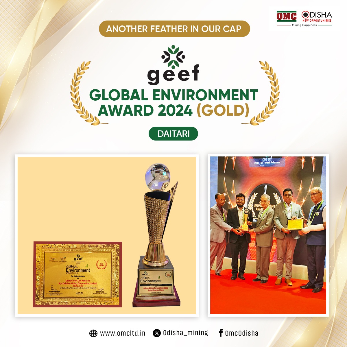 In a major achievement, OMC Daitari has been conferred with prestigious "<a href="/geef_india/">The geef</a>'s Global Environment Gold Award: 2024". 

The award is a testimony of our impeccable #Environment management practices including rain water harvesting &amp; waste management. #MiningHappiness