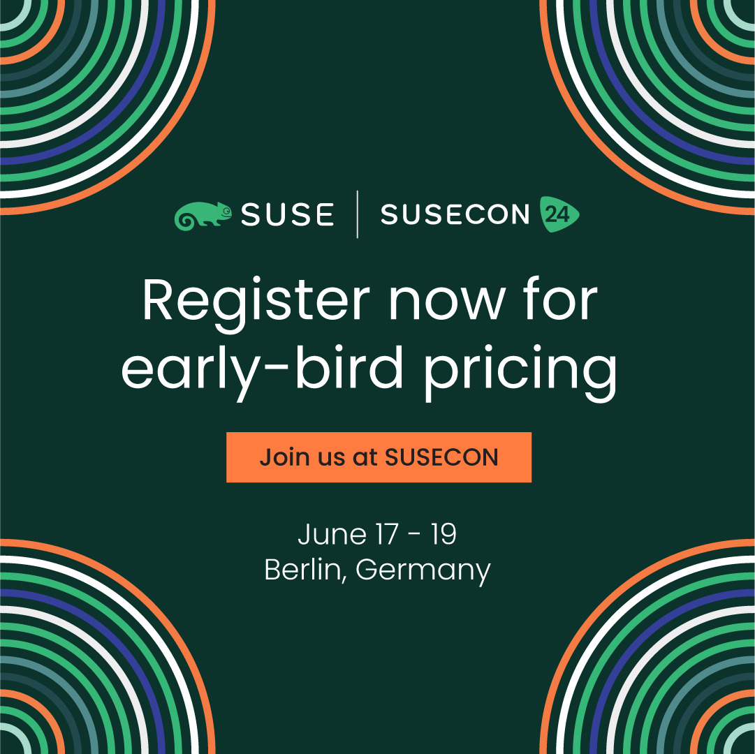 |SUSE SUSECON 2024 📚| Quest'anno la nostra conferenza annuale dedicata alle novità del mondo #OpenSource si terrà a Berlino, dal 17 al 19 giugno!
📣 Le registrazioni sono aperte, puoi approfittare della tariffa "early bird", fino al 13 aprile 2024!  ➡️okt.to/a8RMbX