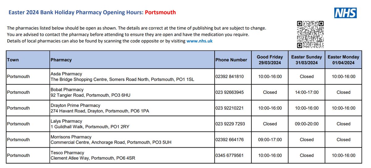 Some local pharmacies may have different opening hours over the upcoming Easter bank holiday weekend 🐣 Make sure you order any prescriptions and collect any medicines you need in plenty of time 🕒 See the bank holiday opening hours for Portsmouth pharmacies below ⬇️