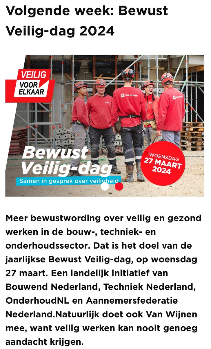 27 maart staat iedereen even extra stil bij #veiligheid 
Tijdens de #bewustveilig2024 dag gaan al onze collega’s, partners, relaties, leveranciers, ondernemers en anderen met elkaar in gesprek over #veiligwerken #vanwijnen #bouw #bouwendnederland #veiligvoorelkaar