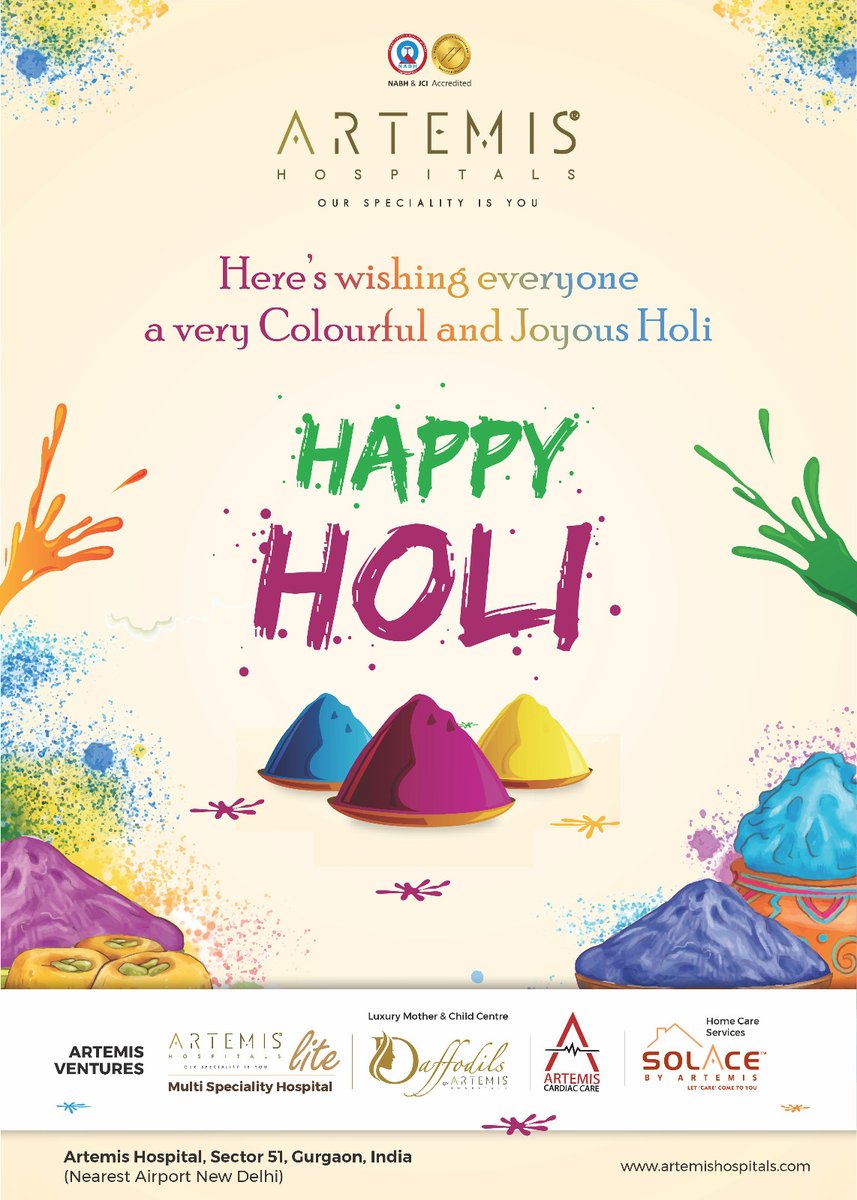 Artemis Hospitals wishes you a Happy Holi! May this festival of colors bring joy, prosperity, and good health to you and your family. Let's celebrate responsibly and ensure a safe and colorful Holi for everyone. #HappyHoli #HappyHoli #happyholi2024 #happyholidays #Holi2024