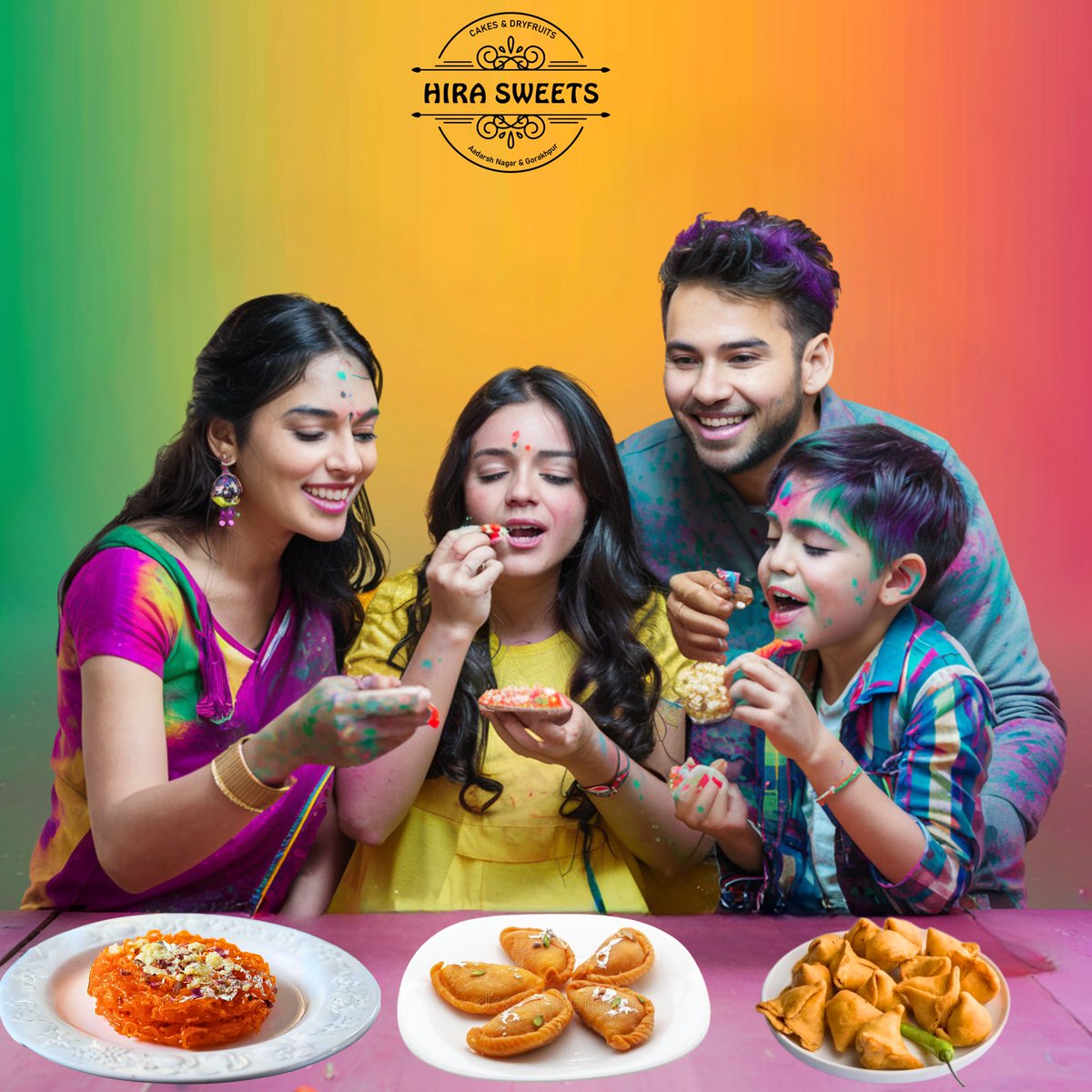 HiraSweetsJbp's tweet photo. Sweet moments with the family: savoring every bite of Gujiya, Ghewar, and Samosa this Holi! 🎉🍬 #SweetShopDelights #HoliHappiness #FamilyTradition https://t.co/tU7AXFyQ3p