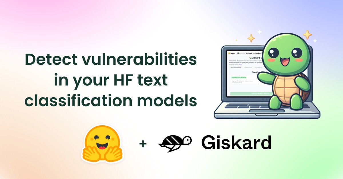 Giskard (@giskard_ai) on Twitter photo Great news for the <a href="/huggingface/">Hugging Face</a> community! 🤗🐢
We're introducing the new Giskard evaluator, a tool designed to help you identify robustness, performance, and ethical #vulnerabilities in your Hugging Face text classification models. 🎉
This is the outcome of a successful Great news for the <a href="/huggingface/">Hugging Face</a> community! 🤗🐢
We're introducing the new Giskard evaluator, a tool designed to help you identify robustness, performance, and ethical #vulnerabilities in your Hugging Face text classification models. 🎉
This is the outcome of a successful