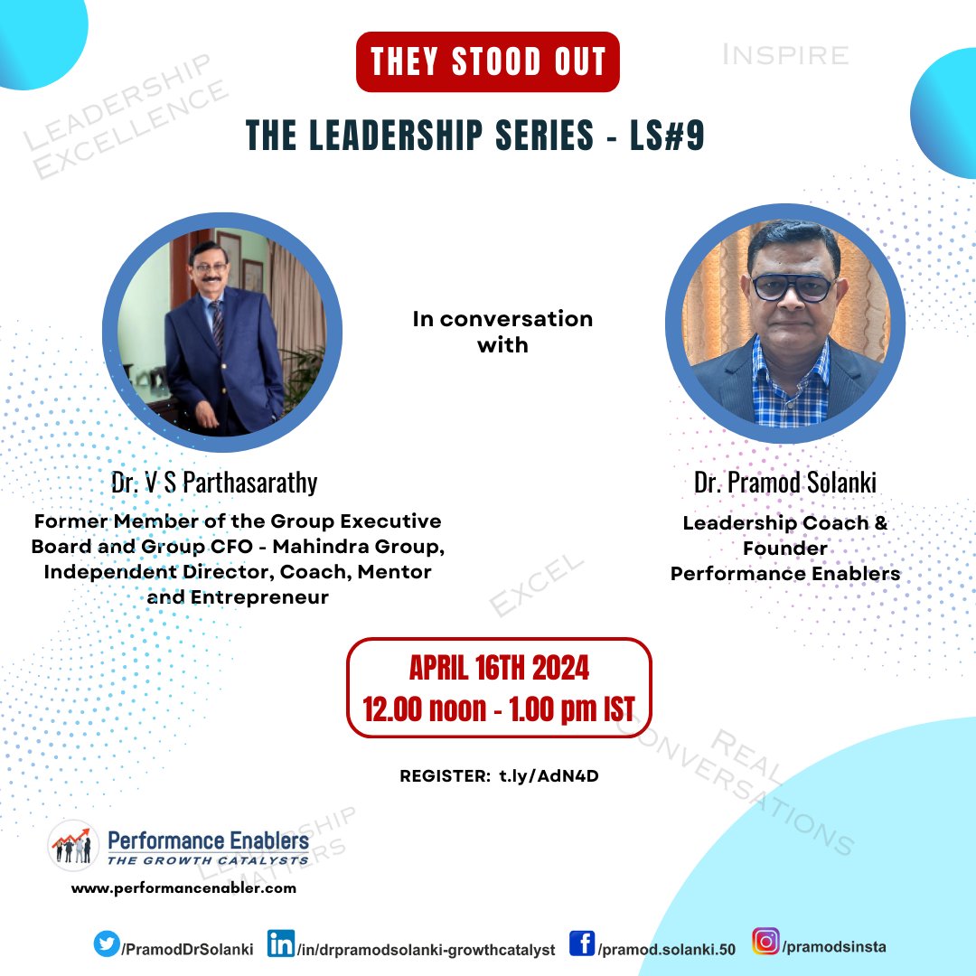 #Leadership Series - Happy to share that the next session is scheduled on 16th Apr 2024, at 12.00 PM IST. Here is the link to register t.ly/AdN4D The link has complete details linkedin.com/posts/drpramod… #leadership #LeadershipMatters #lead #excel