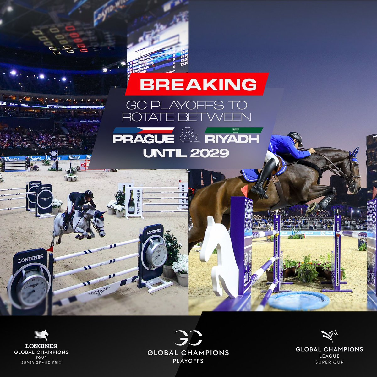 Confirmed: GC Playoffs locations up until 2029🚨 The GC Playoffs will alternate between Riyadh and Prague annually from 2024 to 2029, with Riyadh hosting in even years and Prague in odd years!! 🤯 #LGCT #ShowJumping #Longines #LGCTRiyadh #GCPlayoffsRiyadh #GCPlayoffs