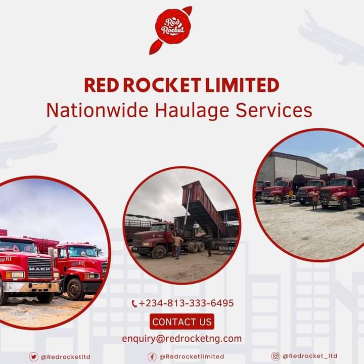 Red Rocket Limited, Nationwide Haulage Services

Contact us via DM or enquiry@redrocketng.com 
Call +234-813-333-6495
 #TruckDrivers #haulage #RedRocket #logisticsservices #haulageservices #logisticscompany