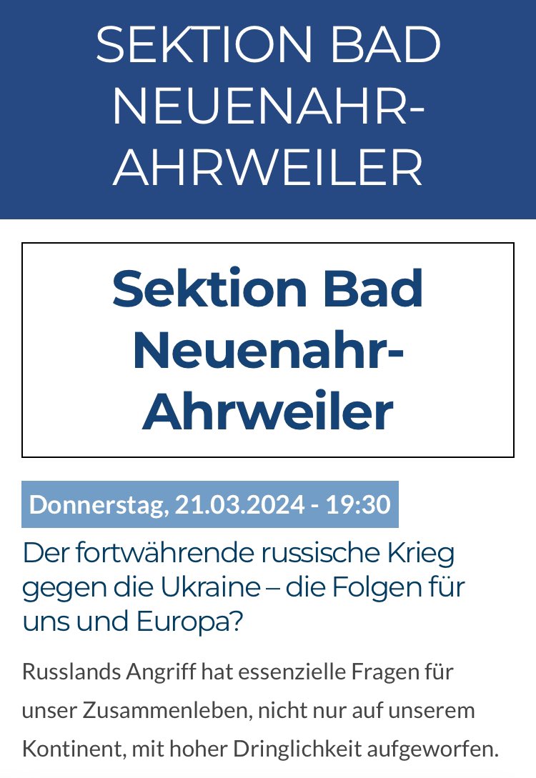 Heute Abend in der <a href="/GSPSipo/">Gesellschaft für Sicherheitspolitik e.V. (GSP)</a> in Bad Neuenahr: Vortrag von BrigGen aD Schwalb, VPräs der GSP zum Thema: Der fortwährende RUS Angriffskrieg gegen die UKR 🇺🇦 
Wie immer in Neuenahr: Präsenz und online. 
Infos unter: gsp-sipo.de/organisation/l…