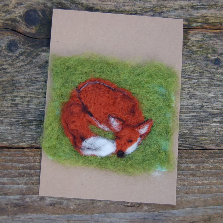 sleeping fox needle felt wool card, birthday c... - Folksy folksy.com/items/8298121-… #newonfolksy #handmadecards