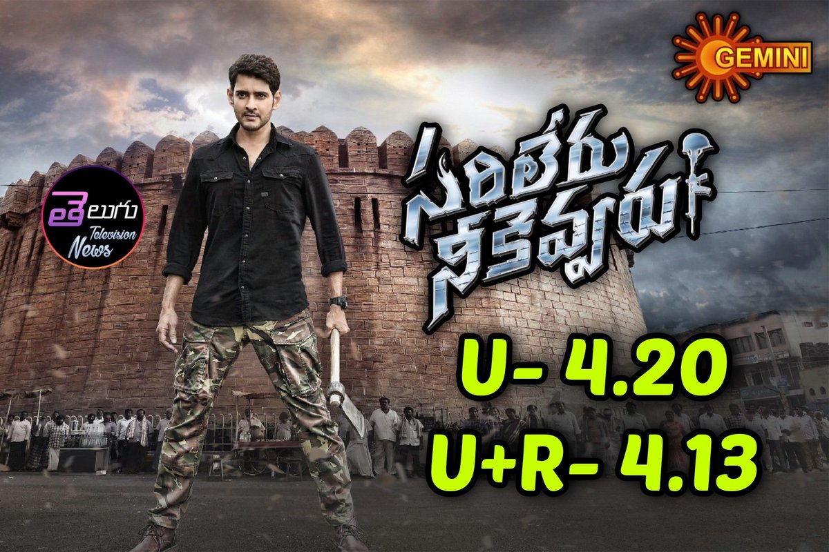 Blockbuster Movie #SarileruNeekevvaru Last Week Telecast On #GeminiTV Gets 4.20 TRP In Urban And 4.13 TRP In U+R Markets 

#MaheshBabu #RashmikaMandanna #Vijayashanthi #PrakashRaj #SSMB29 @MaheshBabu_FC @MaheshBabuNews @MaheshBabuFacts