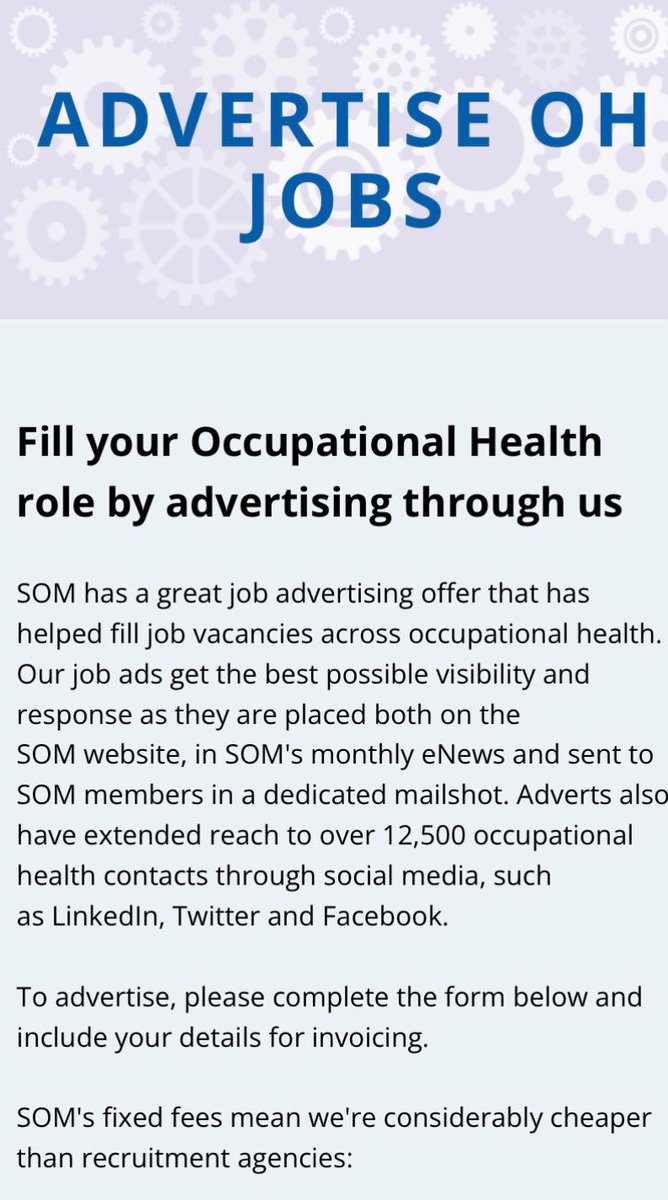 Fill your Occupational Health role by advertising through us. Our job ads get the best possible visibility and response, placed on the SOM website, in SOM's monthly eNews and to SOM members in a dedicated mailshot. To advertise, complete the form below: som.org.uk/advertise-oh-j…