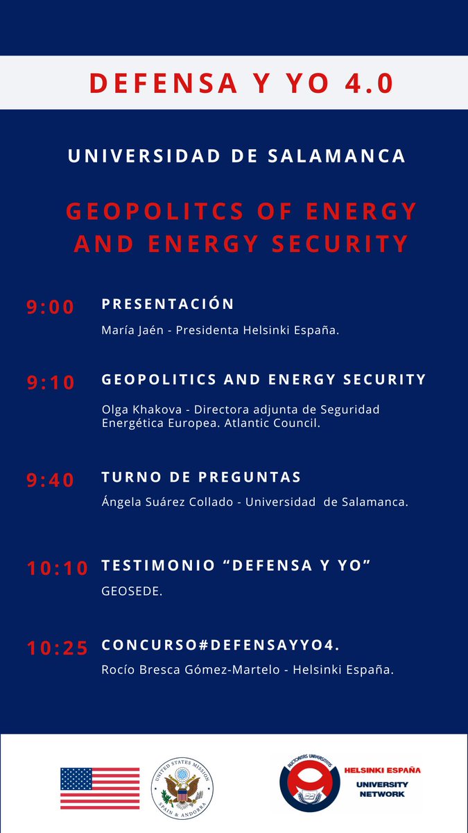 Iniciamos el día de hoy en #DefensayYo4 con la Sesión en @usal impartida por @OlgaKhakova , experta en geopolítica y seguridad energética. @USembassyMadrid @USConsulateBCN @helsinkiespana
