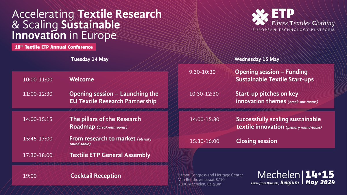 Last week to secure your early-bird discount for the Textile ETP Annual Conference 2024!

We'll present the EU Textile Research Partnership, the 1st funding program for the textile sector &amp; showcase the success of textile start-ups supported by <a href="/EUeic/">European Innovation Council</a>⬇️
textile-platform.eu/textile-etp-an…