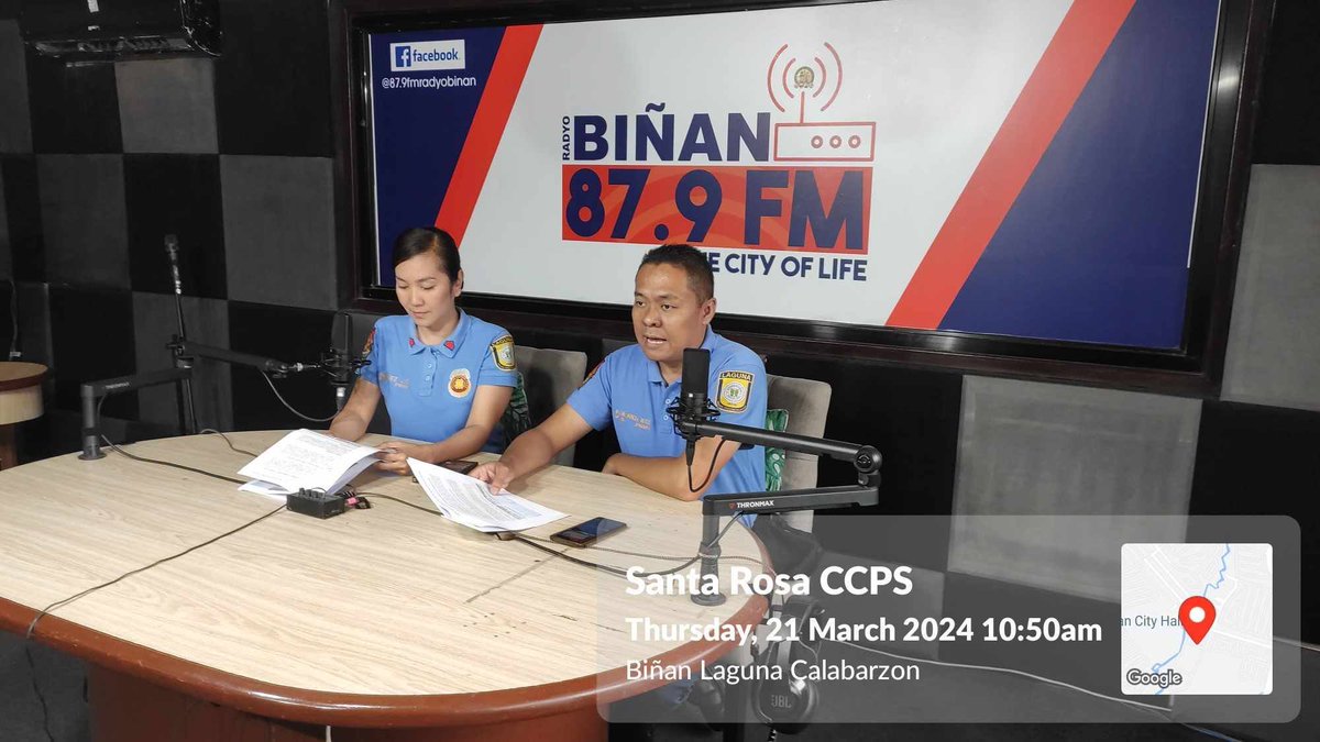 Starosa_Police's tweet photo. On March 21, 2024 at about 10:31 AM, On behalf of PLTCOL DWIGHT F FONTE JR, Chief of Police, PSSg Kaiser Omar Almenanza &amp; PSSg Joy Marquez, Asst CAD PNCO personnel of Santa Rosa CCPS Co-hosted the Sta. Rosa Pulis at Ur Serbis "Serbisyong Nagkakaisa" Program held at Radio Biñan https://t.co/9pzWobrcAR