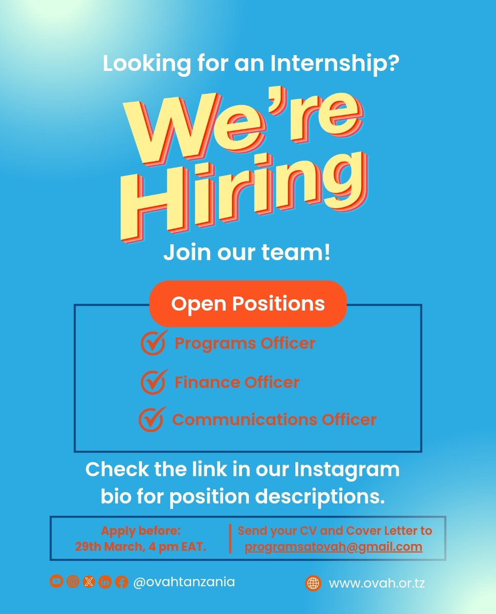 OvahTanzania's tweet photo. Exciting opportunity to be part of our incredible team of impact!

Deadline is March 29th 4 PM EAT. 

Visit the link below to view the job descriptions.

We wish you the best in your application!

#InternshipOpportunities #NiajiriTz #Tanzania https://t.co/0yg8p7t9aW