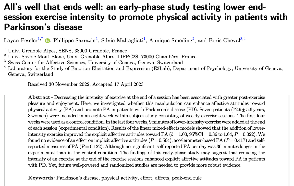 Boris Cheval 🇫🇷🇪🇸 (@chevalboris) on Twitter photo Our paper is now out!!
We applied the peak-end rule in exercise to suggest that "taking care" of the end of an exercise session is a promising intervention to promote engagement in physical activity
@LayanFessler <a href="/ENSRennes/">ENS Rennes</a> <a href="/UGrenobleAlpes/">Université Grenoble Alpes</a>
Link here:
cairn.info/revue-movement… Our paper is now out!!
We applied the peak-end rule in exercise to suggest that "taking care" of the end of an exercise session is a promising intervention to promote engagement in physical activity
@LayanFessler <a href="/ENSRennes/">ENS Rennes</a> <a href="/UGrenobleAlpes/">Université Grenoble Alpes</a>
Link here:
cairn.info/revue-movement…