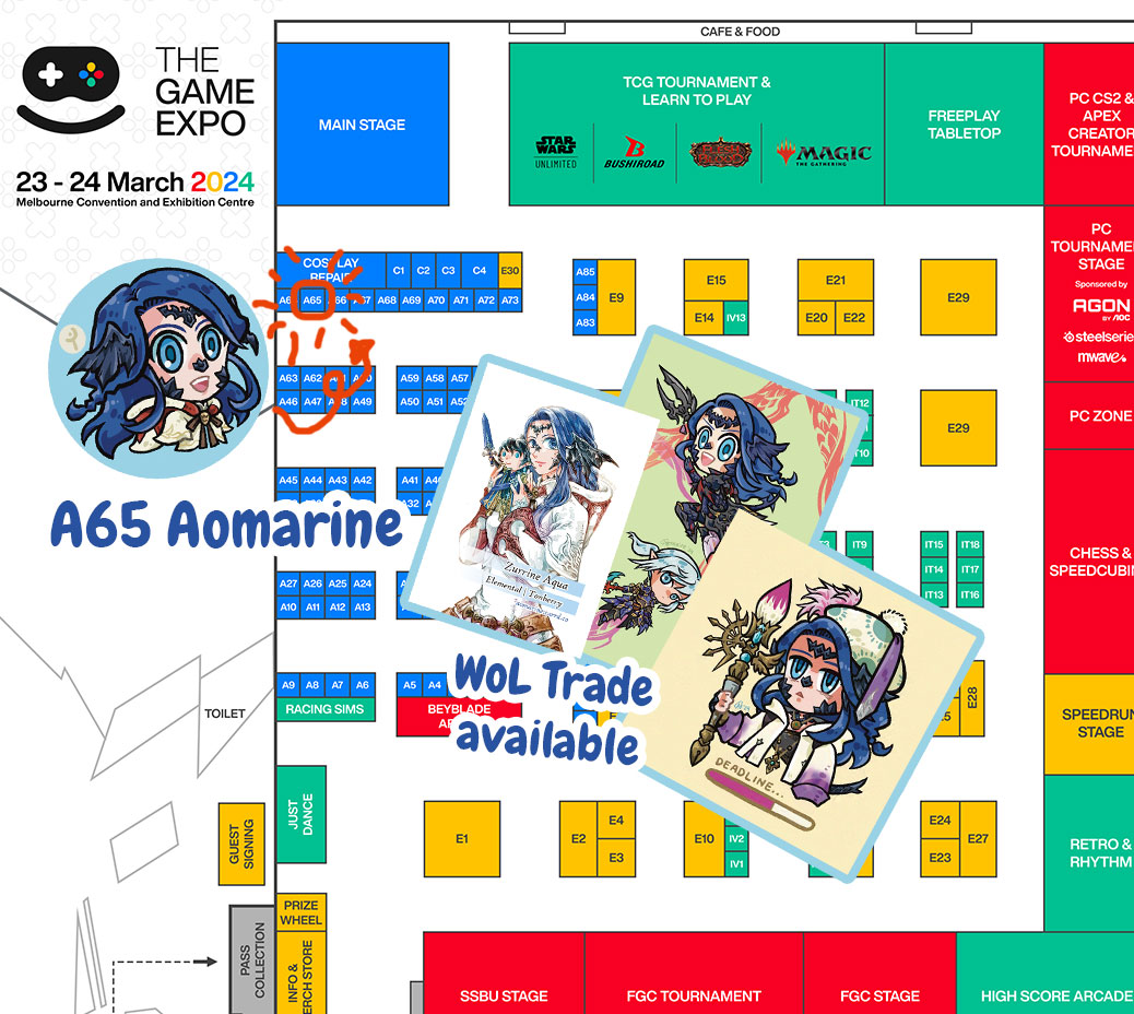Map for The Game Expo (TGX24) this weekend!
I'm accepting WoL Trade again and added new bonus mini print of Pictomancer Zurrine ^^