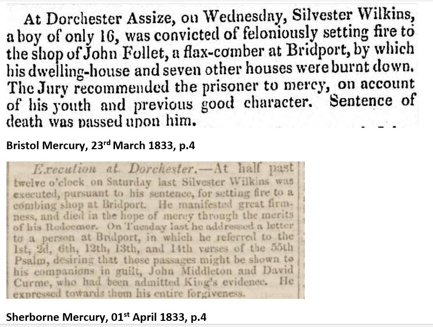 #OnThisDay 1833 Dorset Lent Assizes,Silvester Wilkins,16 convicted:feloniously setting fire to shop of John Follett, Bridport flax-comber, burning down 8 dwelling houses.Jury recommended mercy:youth & previous good character.Executed Dorchester #Dorset #TrueCrime #WestcountryJury